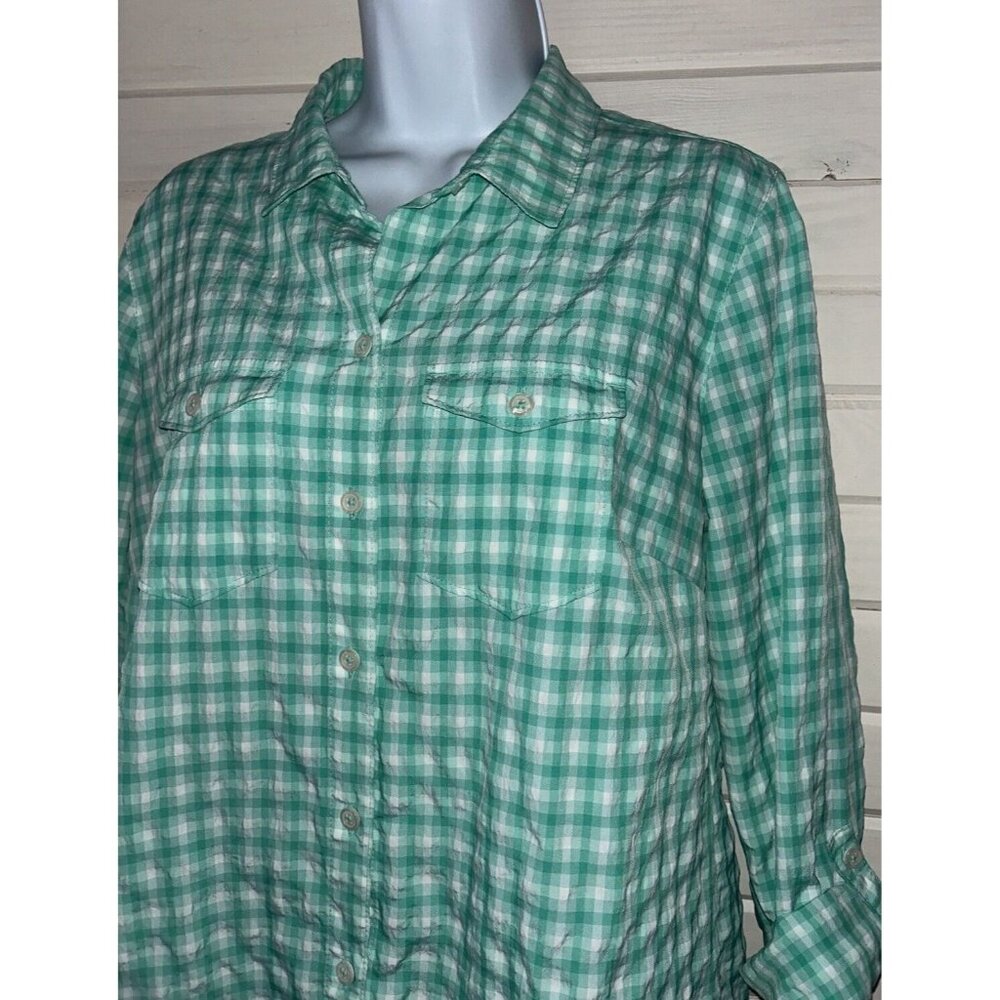 Eddie Bauer Sz MEDIUM Nylon Blend Seersucker Shirt Green White Plaid EUC